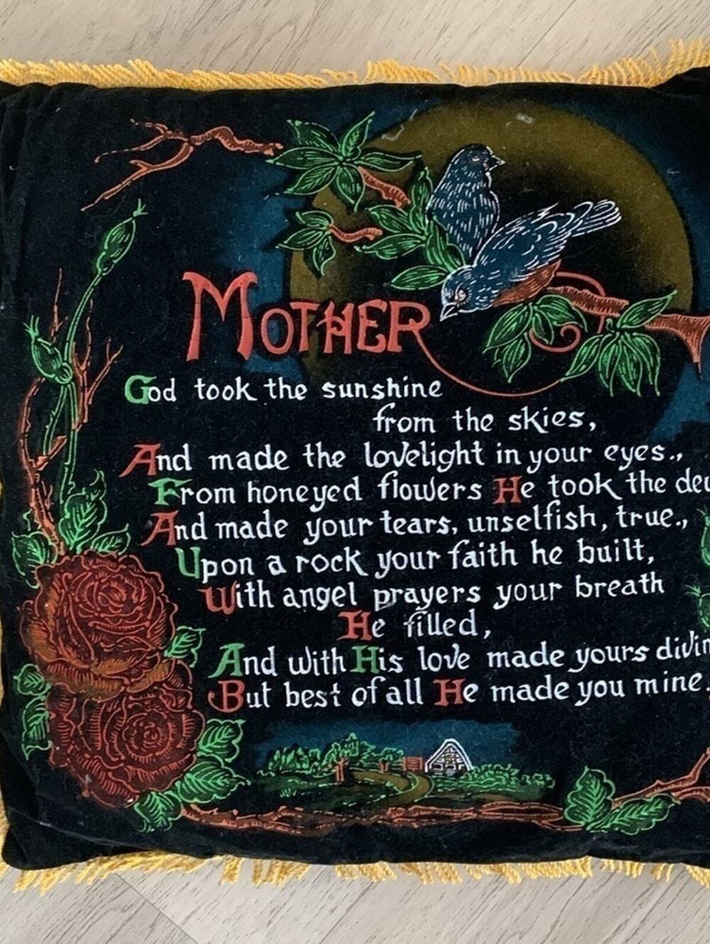 Mother Vintage Velvet Fringed Pillow Cotton Back Birds Roses Poem 1960s